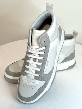 NWOT - BOSS by Hugo Boss White & Gray Leather Mid-Top Sneakers - Size EU 42